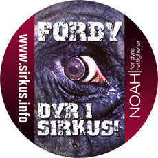 Button med bilde av et elefantøye og teksten: "Forby dyr i sirkus!"