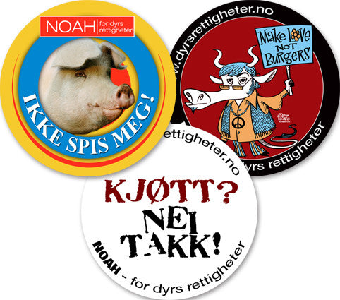 Tre vegetarbuttons med ulike motiv: "Ikke spis meg", "Make love not burgers" og "Kjøtt? Nei takk!"