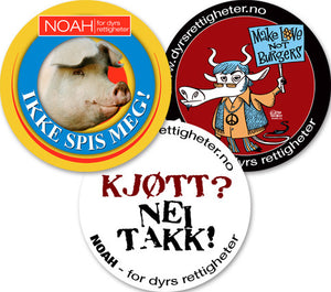 Tre vegetarbuttons med ulike motiv: "Ikke spis meg", "Make love not burgers" og "Kjøtt? Nei takk!"