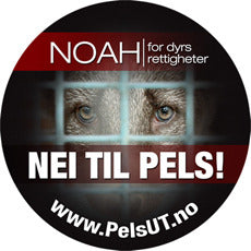 Button med bilde av en rev i bur med teksten: "NEI TIL PELS!"